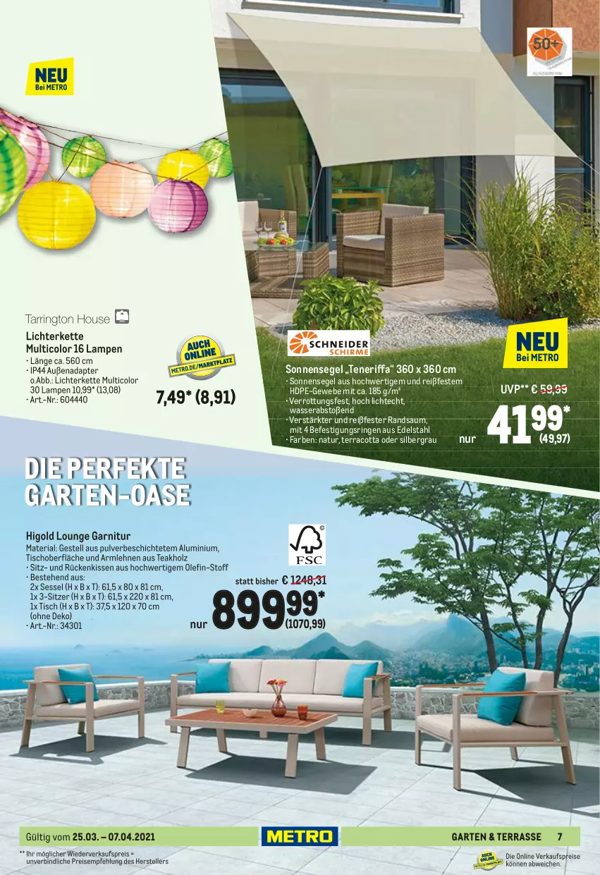 Aktueller Prospekt Metro - Garten und Terrasse - von 25.03 bis 07.04.2021 - strona 7 - produkty: adapter, armlehnen, edelstahl, eis, elle, garnitur, Garten, Holz, Kette, kissen, Lampe, lichterkette, natur, reis, Ria, ring, Rückenkissen, sessel, sonnensegel, teller, Ti, tisch, wasser