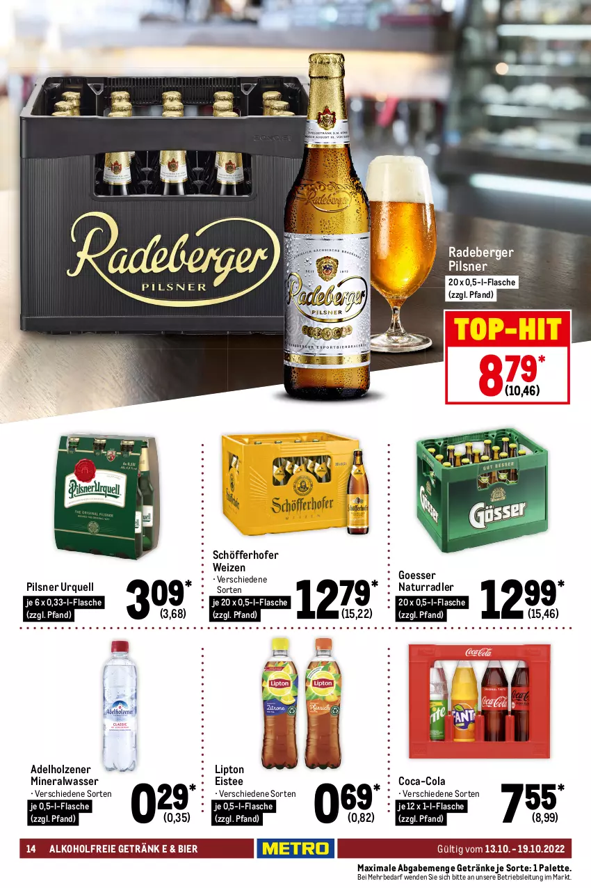 Aktueller Prospekt Metro - Food - von 13.10 bis 19.10.2022 - strona 14 - produkty: adelholzener, alkohol, allzweckreiniger, Alwa, Berger, beutel, bier, body, bodylotion, coca-cola, cola, eis, eistee, flasche, Frosch, fusion5, getränk, getränke, gillette, Holz, kosmetik, küche, Küchen, küchentücher, lenor, lenor weichspüler, lipton, Lotion, mineralwasser, natur, nivea, Palette, pantene, pantene pro-v, papier, pils, pilsner, pilsner urquell, pro-v, radeberger, radeberger pilsner, radler, reiniger, schöfferhofer, shampoo, Systemklingen, tee, Ti, toilettenpapier, top-hit, tücher, vollwaschmittel, waschmittel, wasser, weck, weichspüler, zewa