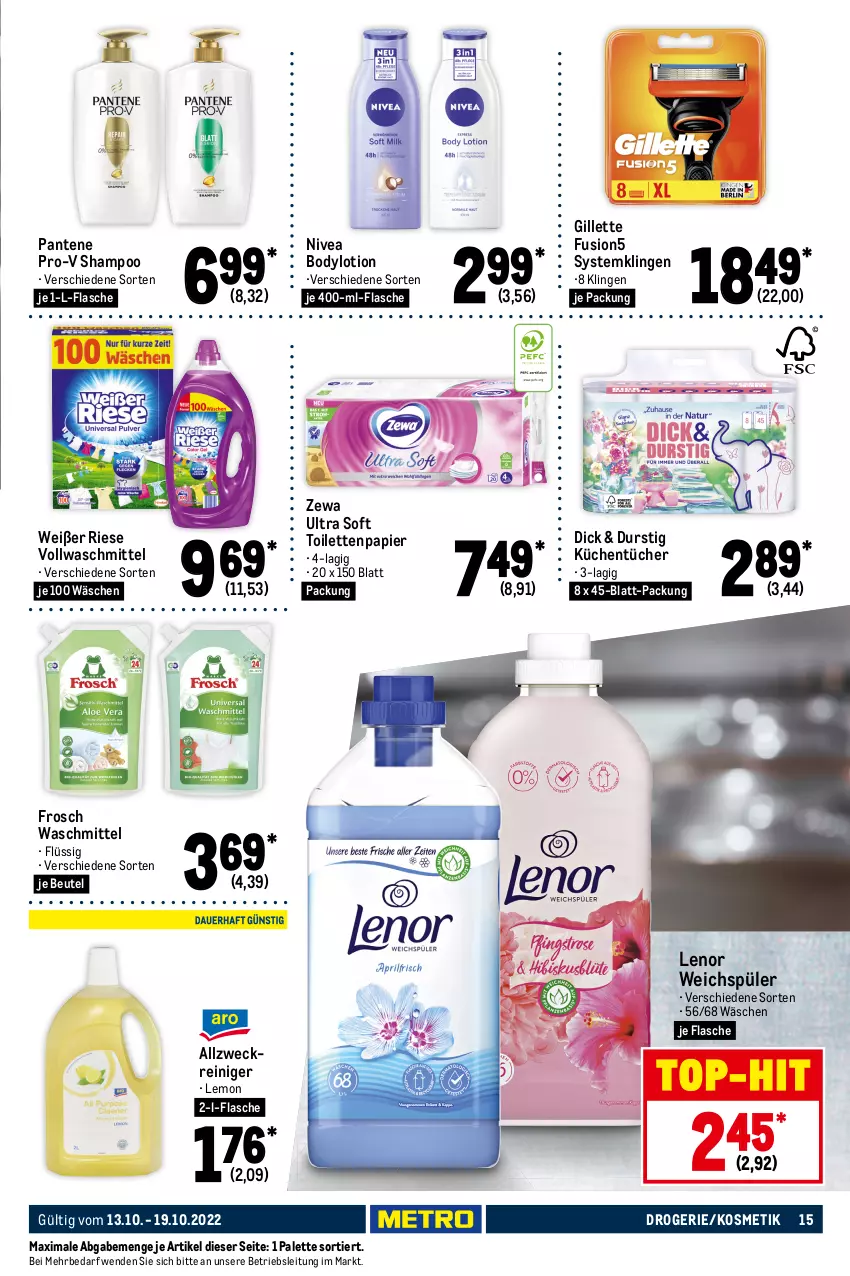 Aktueller Prospekt Metro - Food - von 13.10 bis 19.10.2022 - strona 15 - produkty: adelholzener, alkohol, allzweckreiniger, Alwa, Berger, beutel, bier, body, bodylotion, coca-cola, cola, eis, eistee, flasche, Frosch, fusion5, getränk, getränke, gillette, Holz, kosmetik, küche, Küchen, küchentücher, lenor, lenor weichspüler, lipton, Lotion, mineralwasser, natur, nivea, Palette, pantene, pantene pro-v, papier, pils, pilsner, pilsner urquell, pro-v, radeberger, radeberger pilsner, radler, reiniger, schöfferhofer, shampoo, Systemklingen, tee, Ti, toilettenpapier, top-hit, tücher, vollwaschmittel, waschmittel, wasser, weck, weichspüler, zewa