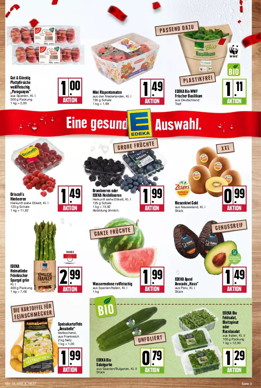 Aktueller Prospekt Kupsch - Angebote der Woche - von 30.05 bis 04.06.2022 - strona 3 - produkty: avocado, basilikum, beere, beeren, bio, blattspinat, brombeere, brombeeren, cola, deka, edeka bio, eis, Elan, elle, feldsalat, fleisch, gurke, heidelbeere, heidelbeeren, himbeer, himbeere, himbeeren, kartoffel, kartoffeln, kiwi, Kiwi Gold, LG, melone, paraguayos, pfirsich, pfirsiche, plattpfirsiche, rispentomaten, rucola, salat, Salatgurke, Schal, Schale, spargel, spargel grün, speisekartoffeln, spinat, Ti, tomate, tomaten, topf, wasser, wassermelone, Yo