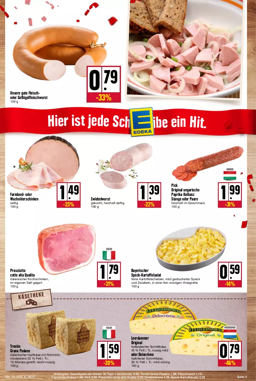 Aktueller Prospekt Kupsch - Angebote der Woche - von 30.05 bis 04.06.2022 - strona 5 - produkty: eis, fleisch, fleischwurst, Geflügel, gin, grana, grana padano, halbfester schnittkäse, hartkäse, holländischer schnittkäse, italienischer hartkäse, kartoffel, kartoffelsalat, Käse, kochschinken, landschinken, leerdammer, mac, milch, nuss, padano, paprika, prosciutto, Rana, reis, saft, salat, schinken, schnittkäse, Speck, Ti, wurst, ZTE, zwiebel, zwiebeln