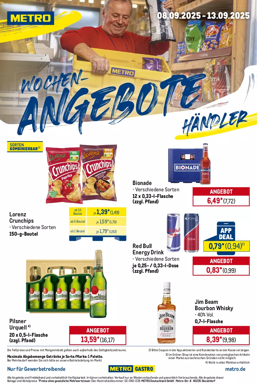 Aktueller Prospekt Metro - Wochen-Angebote Händler - von 08.09 bis 13.09.2025 - strona 1 - produkty: abholpreise, angebot, angebote, beutel, bio, bionade, bourbon, chips, coupon, crunchips, drink, eis, energy drink, flasche, getränk, getränke, ilag, jim beam, lorenz, lorenz crunchips, Metro, Palette, pils, pilsner, pilsner urquell, Rauch, red bull, reis, rwe, Ti, tiefpreis, whisky