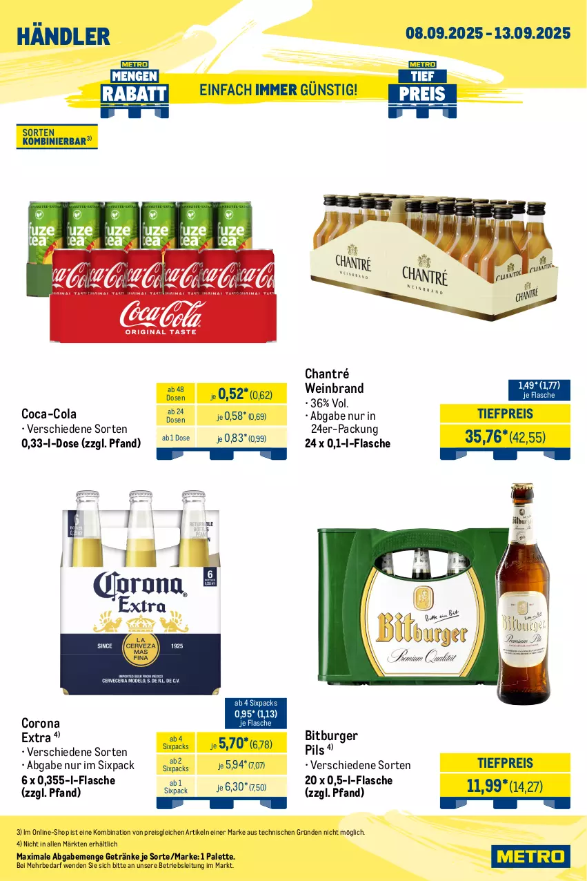 Aktueller Prospekt Metro - Wochen-Angebote Händler - von 08.09 bis 13.09.2025 - strona 5 - produkty: bitburger, bitburger pils, burger, chantré, coca-cola, cola, corona, corona extra, eis, flasche, getränk, getränke, Palette, pils, reis, Ti, tiefpreis, wein, weinbrand