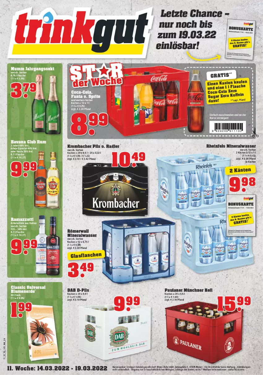 Aktueller Prospekt Trinkgut - von 14.03 bis 19.03.2022 - strona 1 - produkty: Alwa, coca-cola, cola, flasche, glasflasche, krombache, krombacher, krombacher pils, mac, mineralwasser, Paula, paulaner, pils, radler, Ti, wasser, ZTE