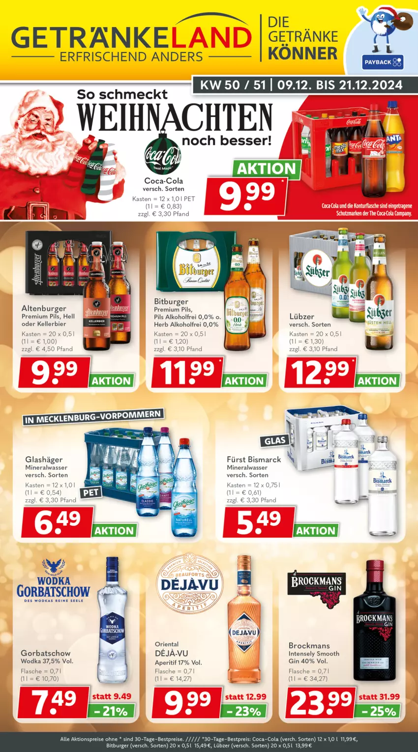 Aktueller Prospekt Getraenkeland - von 09.12 bis 21.12.2024 - strona 1 - produkty: aktionspreis, alkohol, altenburger, Alwa, aperitif, bestpreis, bestpreise, bier, bismarck, bitburger, Brock, burger, coca-cola, cola, eis, elle, flasche, getränk, getränke, gin, Gorbatschow, kellerbier, Lübzer, mineralwasser, pils, premium pils, reis, Ti, wasser, wodka