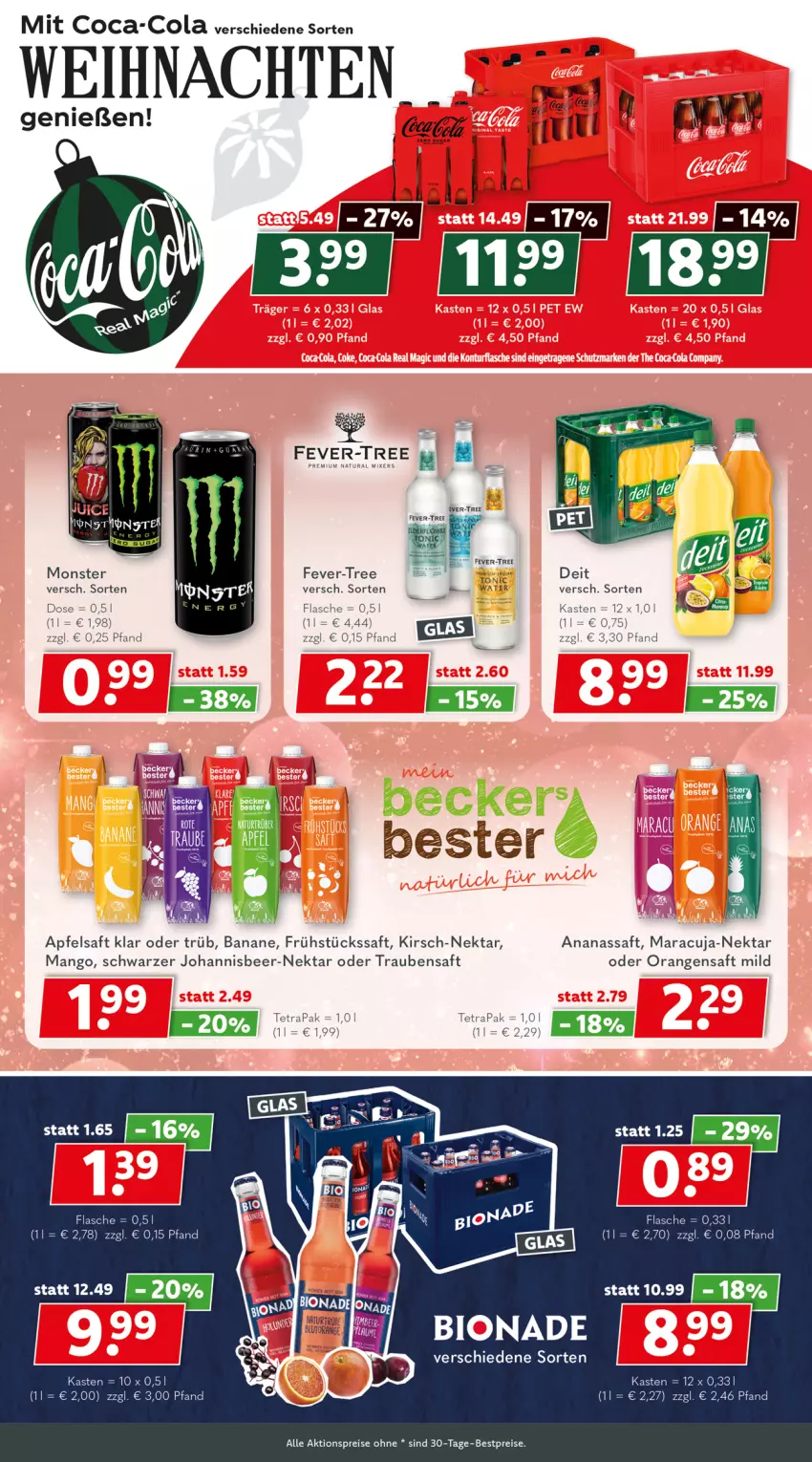 Aktueller Prospekt Getraenkeland - von 09.12 bis 21.12.2024 - strona 5 - produkty: aktionspreis, ananas, apfel, apfelsaft, banane, bestpreis, bestpreise, bio, bionade, coca-cola, cola, deit, eis, fever-tree, flasche, kirsch, mango, maracuja, natur, natura, Nektar, orange, orangen, orangensaft, reis, saft, Schwarzer Johannisbeer-Nektar, Ti, trauben, Traubensaft