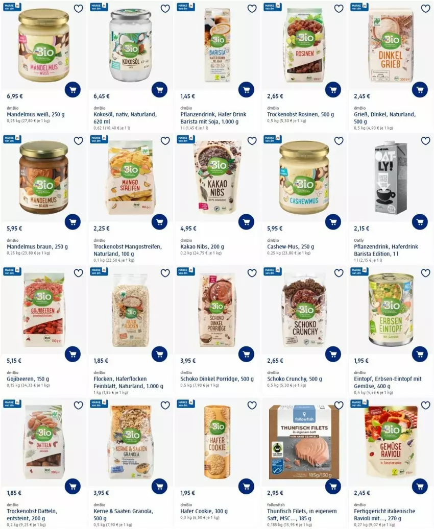 Aktueller Prospekt Dm Drogerie - Prospekte - von 09.06 bis 15.06.2022 - strona 7 - produkty: beere, beeren, bio, braun, Cashew, cookie, Datteln, drink, eintopf, erbsen, fertiggericht, filet, filets, fisch, followfish, hafer, Haferdrink, haferflocken, kakao, kokos, kokosöl, mandel, Mandelmus, mango, mangos, mit gemüse, natur, naturland, obst, pflanze, pflanzen, porridge, ravioli, reifen, saft, schoko, soja, thunfisch, thunfisch filets, Ti, topf