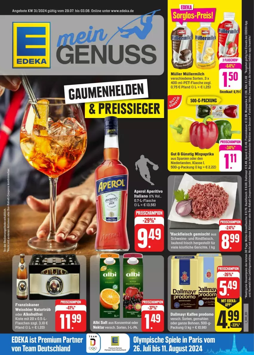 Aktueller Prospekt Edeka - Prospekte - von 27.07 bis 03.08.2024 - strona 1 - produkty: angebot, angebote, aperol, bier, bio, champion, coupon, coupons, dallmayr, deka, eier, eis, flasche, fleisch, franziskaner, hackfleisch, hackfleisch gemischt, kaffee, Laufen, milch, Müller, müllermilch, natur, nuss, paprika, pet-flasche, prodomo, rabatt-coupon, reis, Spiele, Ti, weissbier, ZTE