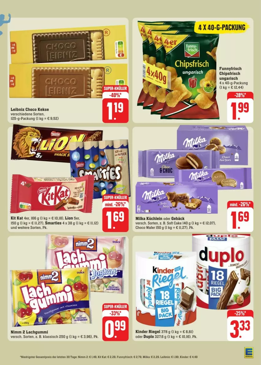 Aktueller Prospekt Edeka - Prospekte - von 27.07 bis 03.08.2024 - strona 19 - produkty: chips, chipsfrisch, duplo, eis, keks, kekse, Kinder, kinder riegel, Kit Kat, lachgummi, leibniz, lion, milka, Nimm 2, reis, riegel, smarties, Ti, ZTE