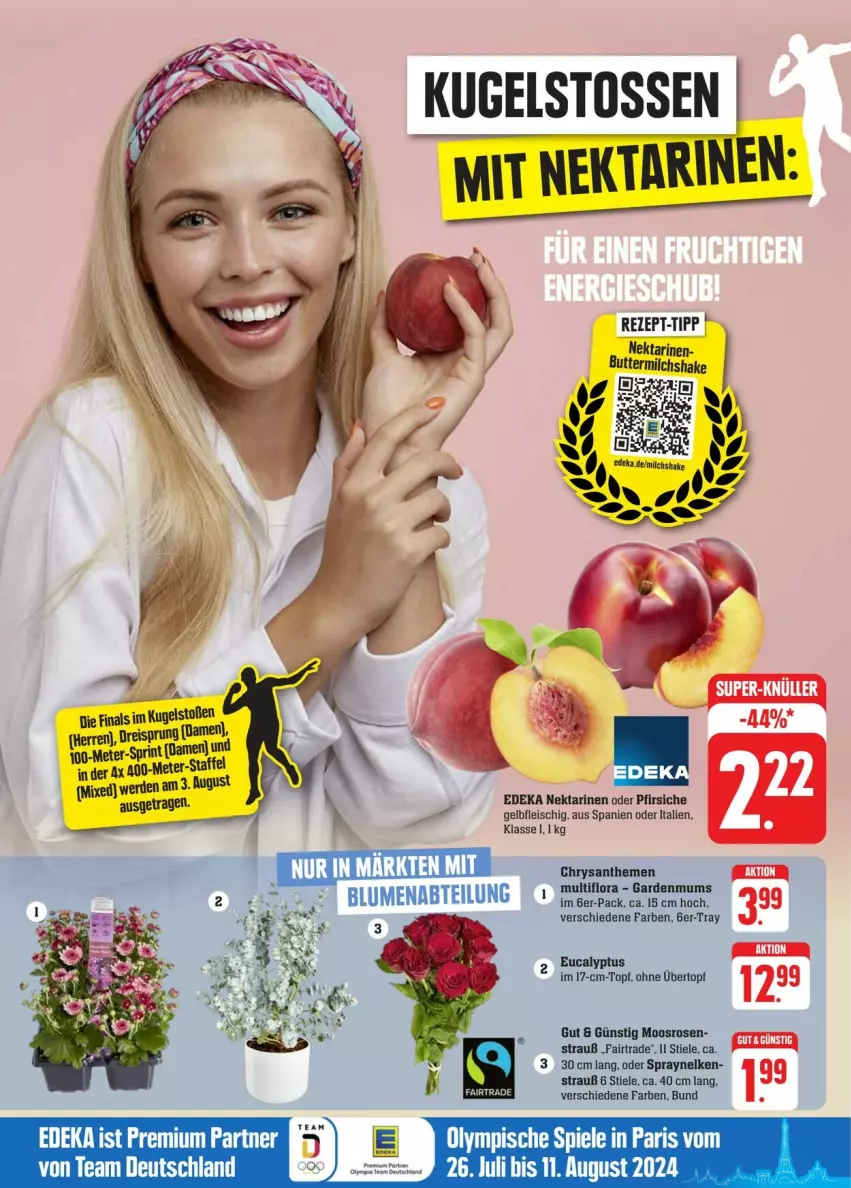 Aktueller Prospekt Edeka - Prospekte - von 27.07 bis 03.08.2024 - strona 2 - produkty: Abtei, blume, blumen, butter, buttermilch, deka, eis, erde, fleisch, Kugel, milch, Nektar, nektarinen, nektarinen oder, oder pfirsiche, pfirsich, pfirsiche, reis, rezept, rezept-tipp, rosen, shake, Ti, topf, übertopf