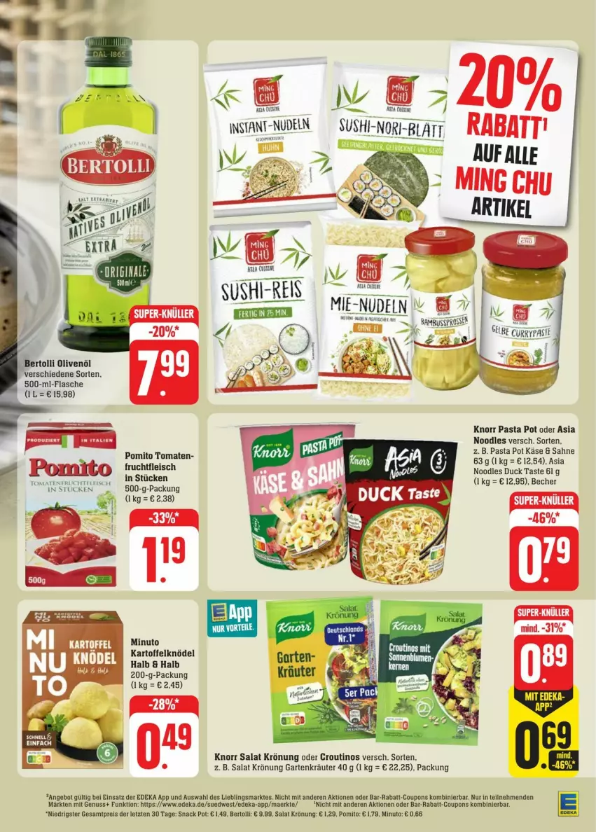 Aktueller Prospekt Edeka - Prospekte - von 27.07 bis 03.08.2024 - strona 21 - produkty: angebot, Becher, bertolli, bett, coupon, coupons, curry, deka, Duck, eis, flasche, fleisch, frucht, fruchtfleisch, Garten, kartoffel, Kartoffelknödel, Käse, Knödel, knorr, knorr pasta, kräuter, nudel, nudeln, nuss, olive, oliven, olivenöl, pasta, pomito, rabatt-coupon, reis, sahne, salat, snack, Sushi, Ti, tomate, tomaten, ZTE