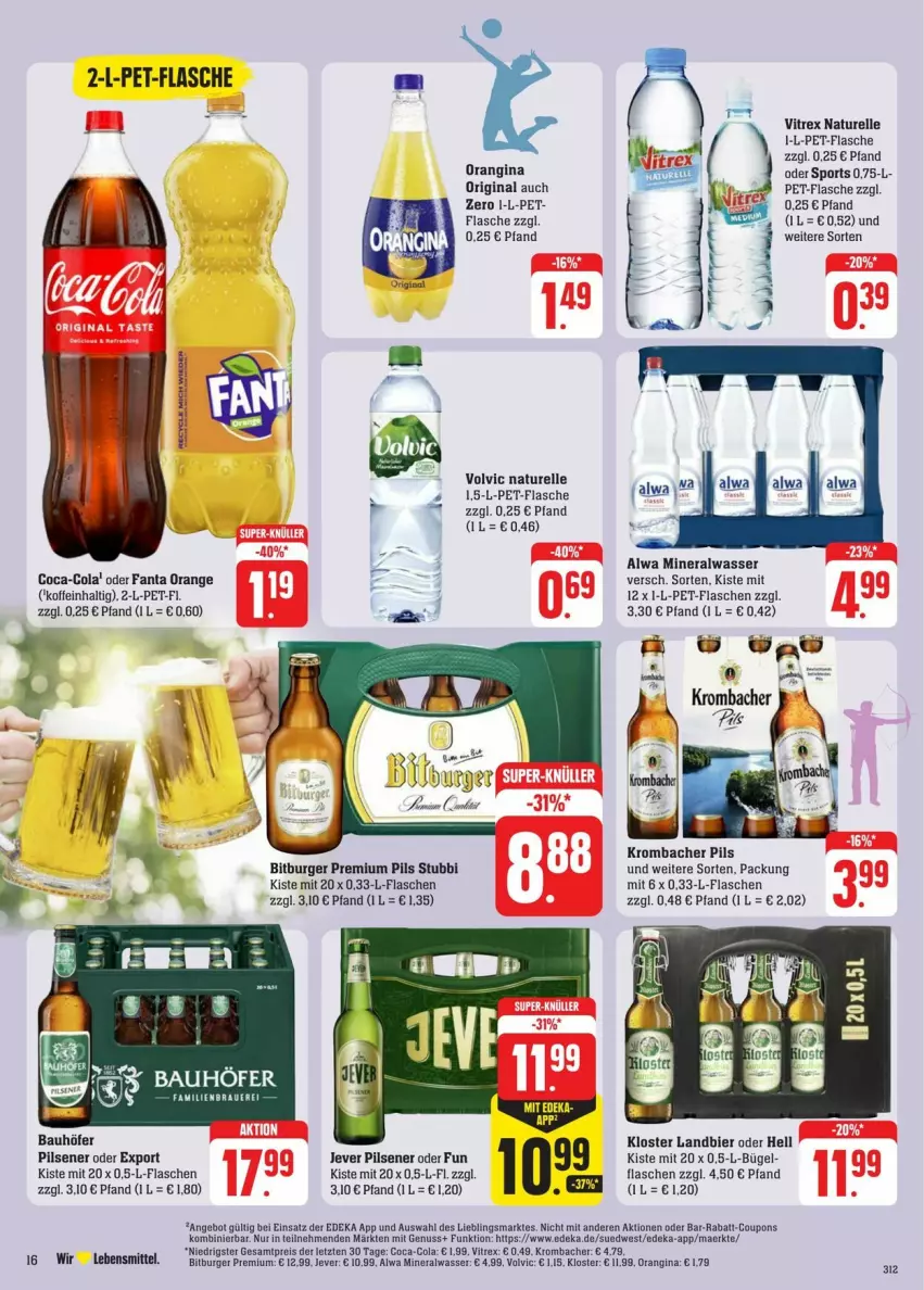 Aktueller Prospekt Edeka - Prospekte - von 27.07 bis 03.08.2024 - strona 22 - produkty: Alwa, angebot, Bau, bier, bitburger, bügel, burger, coca-cola, cola, deka, eis, elle, fanta, flasche, gin, jever, jever pilsener, krombache, krombacher, krombacher pils, lebensmittel, mineralwasser, natur, nuss, orange, orangina, pet-flasche, pet-flaschen, pils, pilsener, premium pils, reis, rel, Sport, Ti, vitrex, volvic, wasser, ZTE