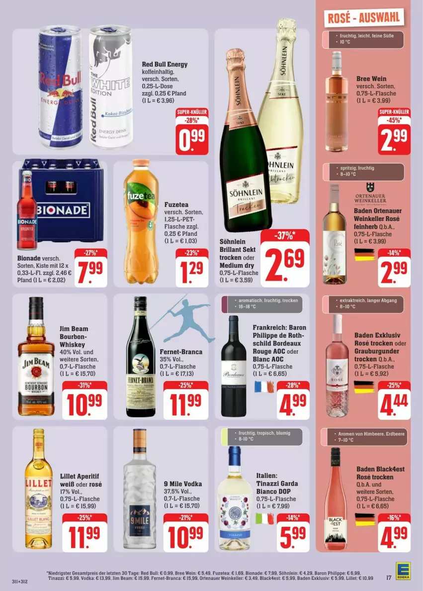 Aktueller Prospekt Edeka - Prospekte - von 27.07 bis 03.08.2024 - strona 23 - produkty: aperitif, auer, Bad, bio, bionade, bourbon, bree, brillant sekt, burgunder, eis, elle, Fernet, flasche, frucht, fuzetea, grauburgunder, jim beam, lack, lillet, ortenauer, red bull, reis, rouge, sekt, söhnlein, tee, Ti, vodka, wein, whiskey, ZTE