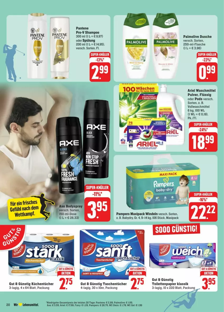 Aktueller Prospekt Edeka - Prospekte - von 27.07 bis 03.08.2024 - strona 26 - produkty: ariel, ariel waschmittel, axe, dusche, eis, Engel, fairy, flasche, küche, Küchen, küchentücher, lebensmittel, olive, palmolive, pampers, pantene, papier, Pods, pro-v, reis, shampoo, spülung, Tasche, taschen, taschentücher, Ti, toilettenpapier, tücher, vollwaschmittel, waschmittel, windeln, ZTE