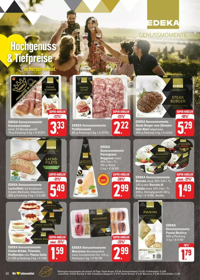 Aktueller Prospekt Edeka - Prospekte - von 27.07 bis 03.08.2024 - strona 28 - produkty: burger, Burrata, creme, eis, filet, filets, lachs, lachsfilet, lachsfilets, lebensmittel, mac, Macarons, parmaschinken, parmigiano, parmigiano reggiano, reggiano, reis, salami, schinken, steak, super-knüller, Ti, Trüffel, ZTE