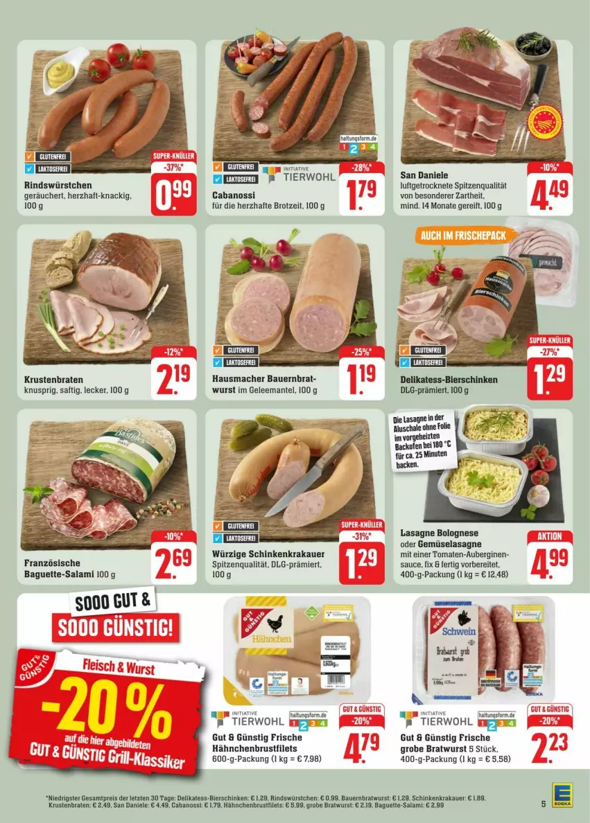 Aktueller Prospekt Edeka - Prospekte - von 27.07 bis 03.08.2024 - strona 5 - produkty: aubergine, auberginen, auer, baguette, Baguette-Salami, Bau, Bauer, bier, bierschinken, bolognese, braten, bratwurst, brot, brustfilet, Cabanossi, filet, filets, Frische Hähnchen, gelee, gin, grobe bratwurst, hähnchenbrust, hähnchenbrustfilet, Hausmacher, krakauer, krustenbraten, lasagne, LG, mac, Mantel, rind, saft, salami, sauce, Schal, Schale, schinken, schinkenkrakauer, spitzenqualität, Ti, tomate, tomaten, wurst, würstchen, ZTE