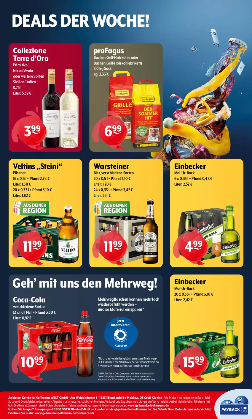 Aktueller Prospekt Getraenke Hoffmann - Prospekte - von 15.04 bis 20.04.2024 - strona 8 - produkty: abholpreise, bier, briketts, buch, coca-cola, cola, decke, Deckel, eis, erde, flasche, getränk, getränke, gewinnspiel, grill, grill-holzkohle, Holz, holzkohle, Kette, Mezzo Mix, nero, pet-flasche, pet-flaschen, pils, pilsener, primitivo, profagus, reis, Ria, rwe, sac, Spiele, sprite, steiner, Ti, veltins, warsteiner