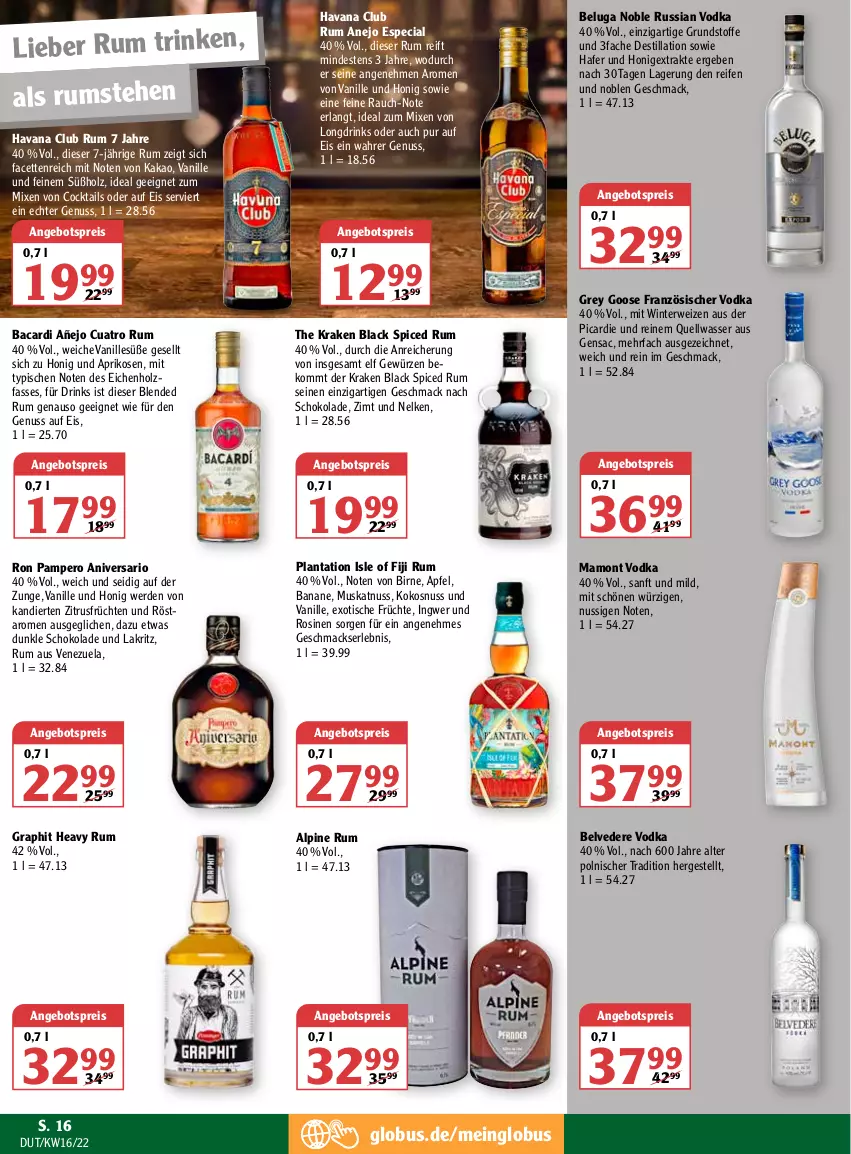 Aktueller Prospekt Globus - Prospekte - von 18.04 bis 23.04.2022 - strona 16 - produkty: angebot, angebotspreis, apfel, aprikose, aprikosen, bacardi, banane, beko, Beluga, cocktail, cocktails, drink, drinks, eis, erde, früchte, früchten, gewürz, hafer, Havana Club, Holz, honig, ingwer, kakao, kokos, kokosnuss, lack, Lakritz, mac, mam, Muskatnuss, nuss, Rauch, reifen, reis, rum, rwe, sac, schoko, schokolade, Ti, tisch, vanille, vodka, wasser