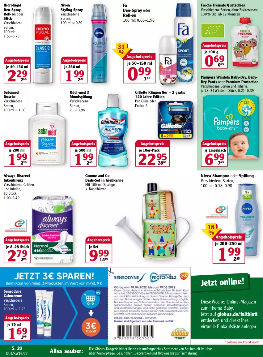 Aktueller Prospekt Globus - Prospekte - von 18.04 bis 23.04.2022 - strona 20 - produkty: Alwa, Always, angebot, angebotspreis, baby-dry, Bad, bio, bürste, creme, decke, deo, Discreet, dusche, duschgel, eis, elle, freche freunde, Gesundheit, Gießkanne, gillette, körperpflege, magazin, mundspülung, nivea, Odol, Odol-med 3, pampers, Pants, reis, roll-on, sebamed, sensodyne, shampoo, shampoo oder spülung, spülung, Ti, tiernahrung, windeln, zahncreme, zucker