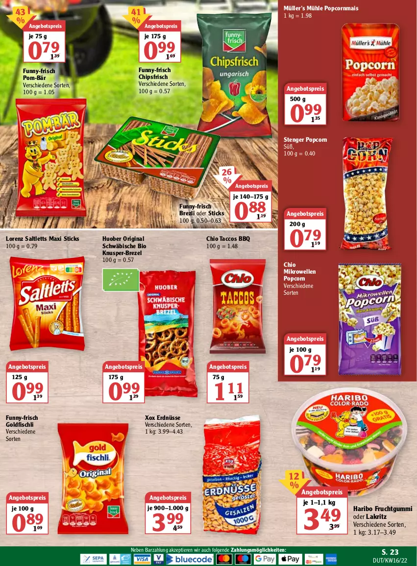 Aktueller Prospekt Globus - Prospekte - von 18.04 bis 23.04.2022 - strona 23 - produkty: ACC, angebot, angebotspreis, bio, brezel, chips, chipsfrisch, eis, elle, erdnüsse, fisch, frucht, fruchtgummi, funny-frisch, gin, Goldfischli, haribo, huober, Lakritz, LG, lorenz, mais, mikrowelle, Müller, oder lakritz, pom-bär, popcorn, reis, saltletts, Ti, Tiere