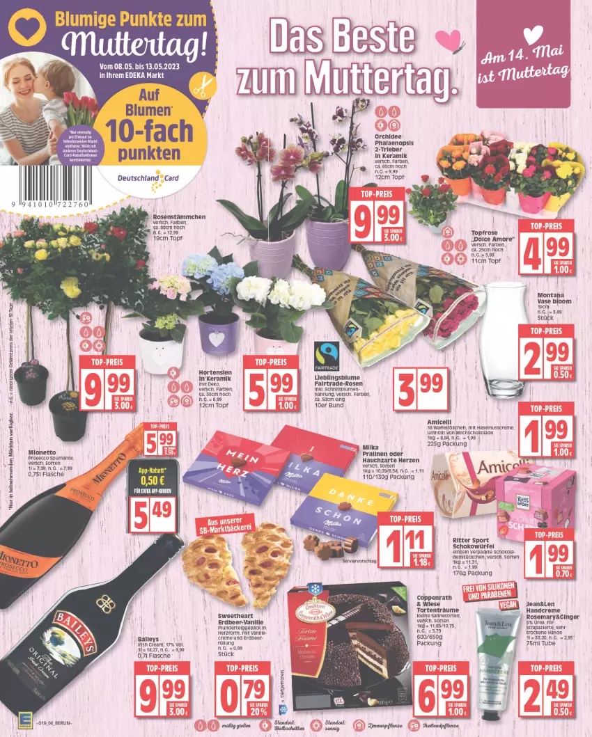 Aktueller Prospekt Edeka - Angebote der Woche - von 08.05 bis 13.05.2023 - strona 4 - produkty: amicelli, ball, blume, blumen, coppenrath, creme, deka, flasche, gin, ginger, handcreme, haselnuss, Haselnusscreme, hortensie, hortensien, leine, LG, nuss, orchidee, pflanze, phalaenopsis, Plunder, pralinen, ritter, ritter sport, rosen, sahne, schoko, schokolade, schokowürfel, Sport, Thea, Ti, topf, torte, vanille, Vase, Waffelröllchen, würfel