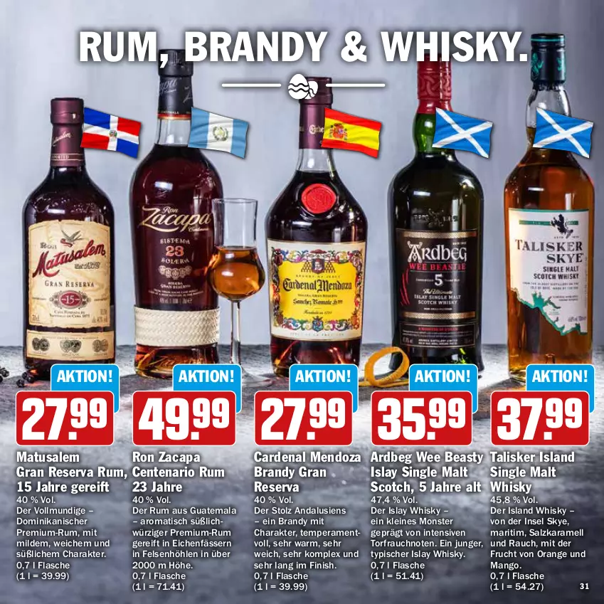 Aktueller Prospekt Hit - Prospekte - von 13.03 bis 08.04.2023 - strona 31 - produkty: Ardbeg, Cap, ente, Finish, flasche, frucht, islay single malt, karamell, leine, mango, Matusalem, monster, orange, Rauch, rum, salz, scotch, single malt, Ti, tisch, whisky