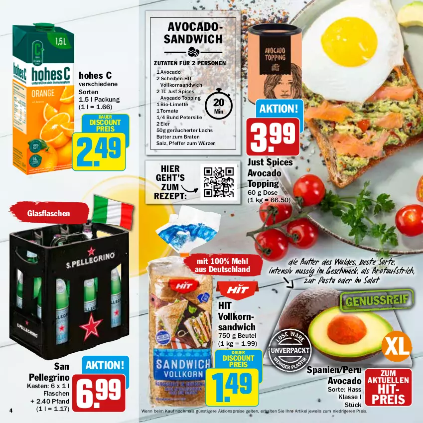 Aktueller Prospekt Hit - Prospekte - von 13.03 bis 08.04.2023 - strona 4 - produkty: aktionspreis, auer, aufstrich, avocado, avocados, beutel, bio, braten, brot, brotaufstrich, butter, discount, eier, eis, elle, flasche, glasflasche, Hohes C, korn, lachs, limette, mac, mehl, Mett, nuss, pasta, petersilie, pfeffer, reis, rezept, salat, salz, san pellegrino, sandwich, Ti, tomate