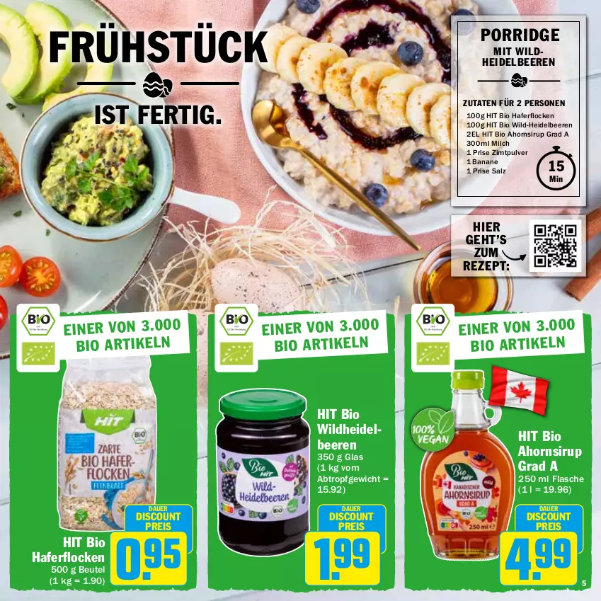 Aktueller Prospekt Hit - Prospekte - von 13.03 bis 08.04.2023 - strona 5 - produkty: auer, banane, beere, beeren, beutel, bio, discount, eis, flasche, hafer, haferflocken, heidelbeere, heidelbeeren, milch, porridge, reis, rezept, salz, sirup, Ti, Wild