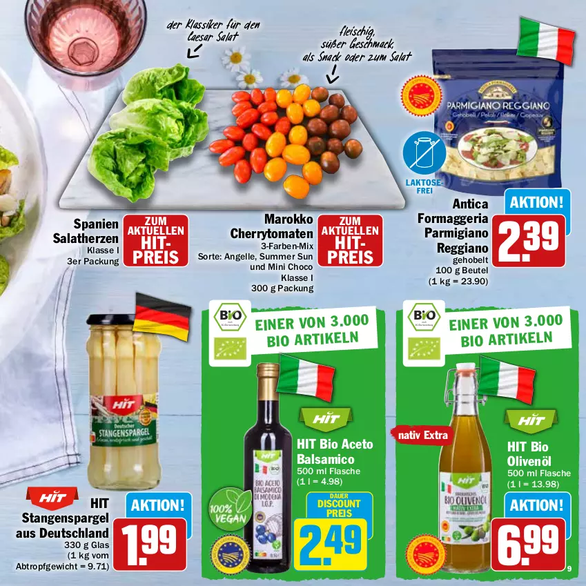 Aktueller Prospekt Hit - Prospekte - von 13.03 bis 08.04.2023 - strona 9 - produkty: aceto, aceto balsamico, auer, balsam, balsamico, beutel, bio, cherrytomaten, discount, eis, elle, flasche, fleisch, mac, olive, oliven, olivenöl, parmigiano, parmigiano reggiano, reggiano, reis, Ria, salat, salatherzen, snack, spargel, stangenspargel, Ti, tomate, tomaten