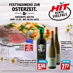 Gazetka promocyjna Hit - Prospekte - Gazetka - ważna od 08.04 do 08.04.2023 - strona 1 - produkty: aktionspreis, angebot, angebote, burgunder, cabernet, cuvée, eis, elle, flasche, grauburgunder, lachs, lamm, lammlachse, mac, merl, merlot, milch, natur, primitivo, rebsortenweine, reis, Ti, wein, weine, Weißburgunder
