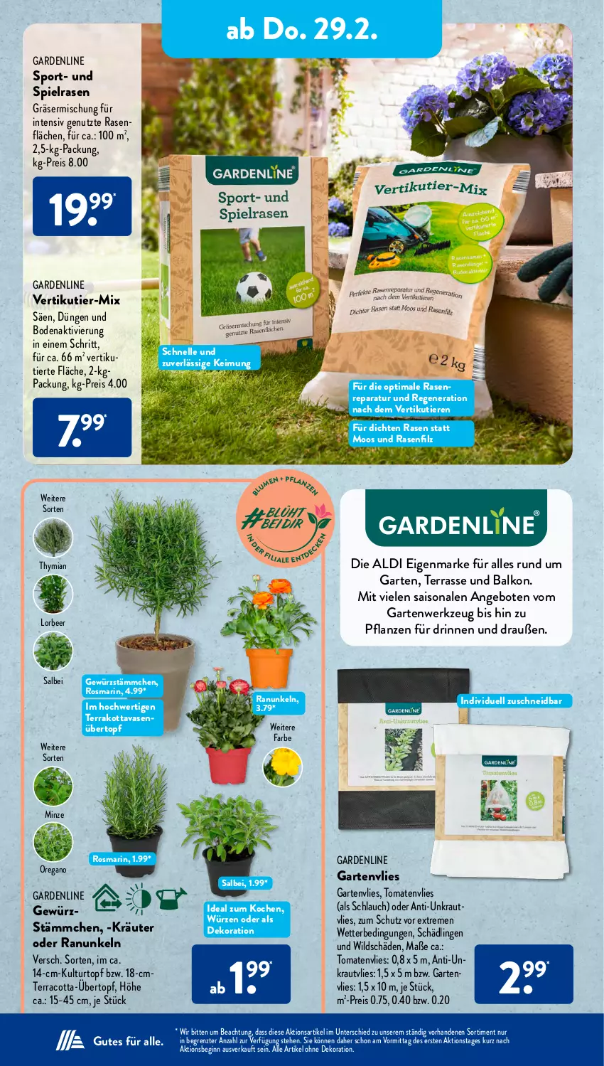 Aktueller Prospekt AldiSud - IN ZWEI WOCHEN - von 26.02 bis 02.03.2024 - strona 12 - produkty: aldi, alle artikel ohne dekoration, angebot, angebote, dekoration, eis, elle, Garten, Gartenvlies, gewürz, gin, Kraut, kräuter, kulturtopf, minze, pflanze, pflanzen, rasen, reis, rosmarin, schlauch, senf, Sport, Ti, Tiere, tomate, tomaten, topf, übertopf, Vase, werkzeug, Wild, ZTE