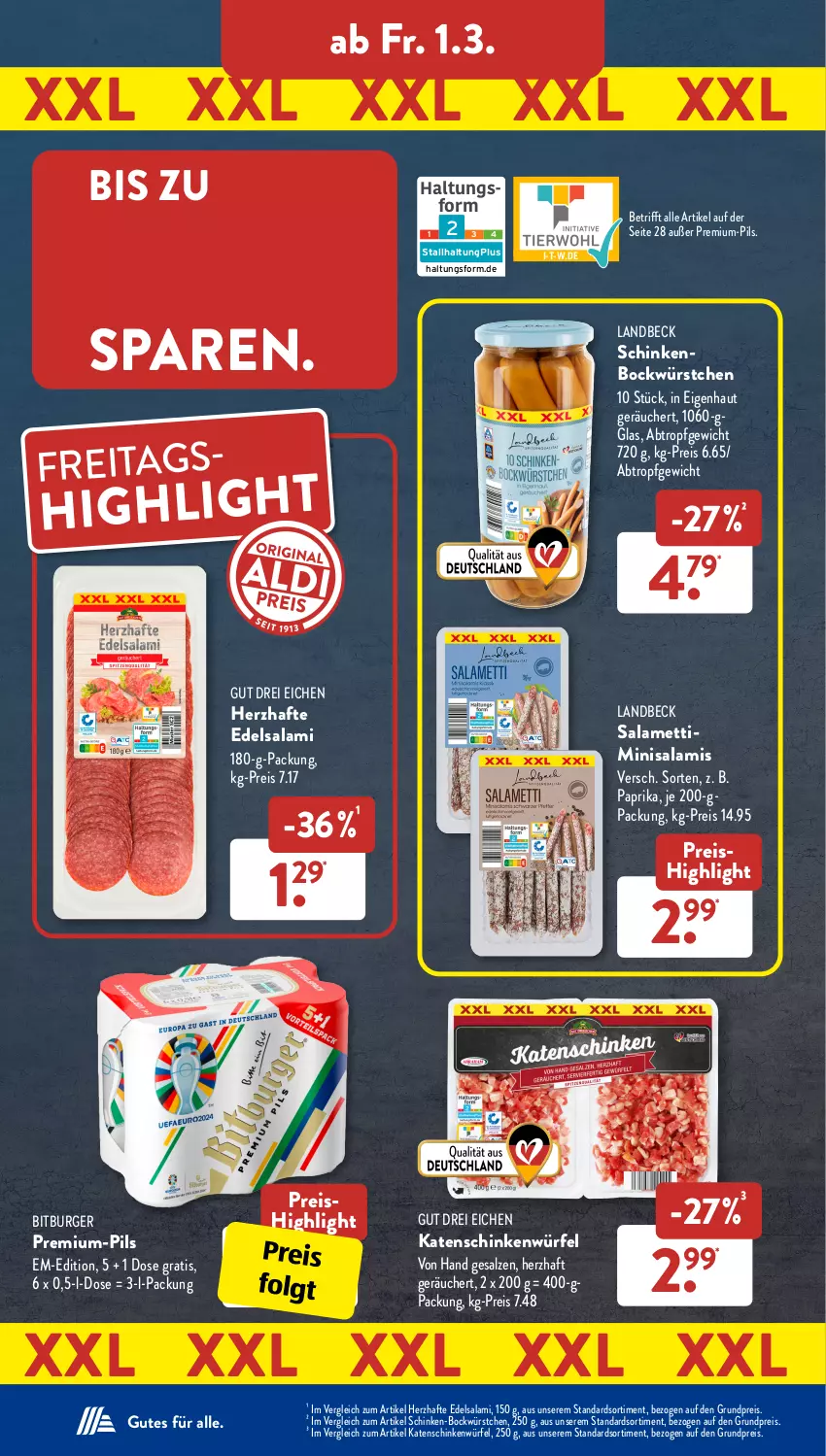 Aktueller Prospekt AldiSud - IN ZWEI WOCHEN - von 26.02 bis 02.03.2024 - strona 23 - produkty: bitburger, burger, Edelsalami, eis, katenschinken, LG, Mett, paprika, pils, reis, salami, salz, schinken, Ti, würfel, würstchen