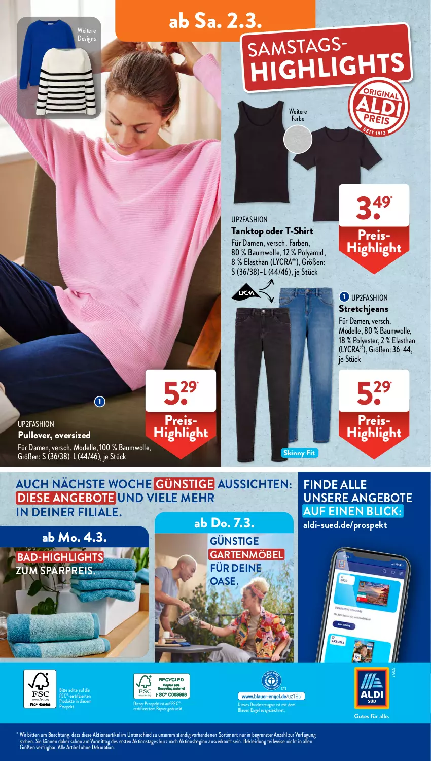 Aktueller Prospekt AldiSud - IN ZWEI WOCHEN - von 26.02 bis 02.03.2024 - strona 33 - produkty: aldi, alle artikel ohne dekoration, angebot, angebote, Bad, Bau, baumwolle, dekoration, dell, drucker, eis, elle, Engel, Garten, gartenmöbel, gin, jeans, kerze, kleid, Kleidung, möbel, Mode, papier, Pullover, reis, shirt, Stretchjeans, T-Shirt, tanktop, Ti, up2fashion, wolle, ZTE