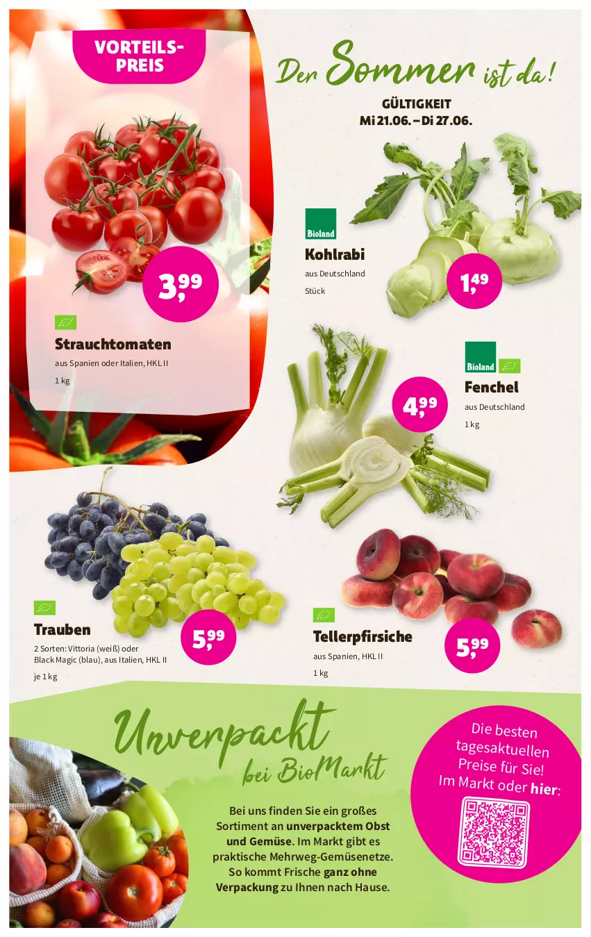 Aktueller Prospekt Denns Biomarkt - Prospekte - von 21.06 bis 04.07.2023 - strona 2 - produkty: bio, eis, elle, fenchel, kohlrabi, lack, obst, Obst und Gemüse, pfirsich, pfirsiche, Rauch, reis, Ria, rwe, strauchtomaten, teller, Ti, tisch, tomate, tomaten, trauben, und gemüse, vorteilspreis