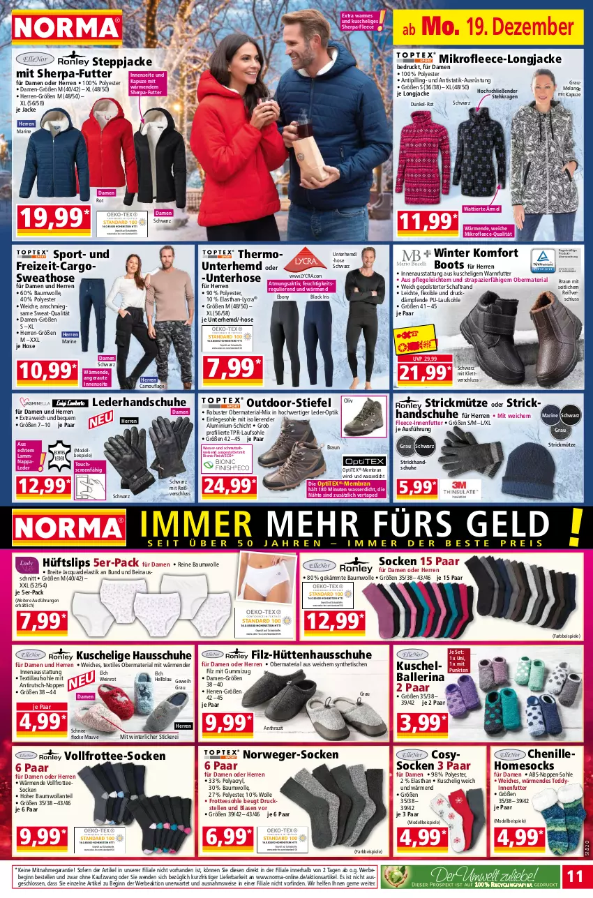 Aktueller Prospekt Norma - Norma - von 19.12 bis 26.12.2022 - strona 11 - produkty: asti, ball, Bau, baumwolle, Bebe, bio, braun, Brei, dell, eis, Elan, elle, Finish, Frottee-Socken, gin, handschuhe, Hausschuhe, hemd, hose, Jacke, lack, lamm, Mode, Mütze, reine baumwolle, Ria, rwe, schuhe, slip, slips, socken, Spiele, Sport, Steppjacke, Sweathose, tee, Ti, Tipi, tisch, touchscreen, Unterhemd, wasser, wein, wolle