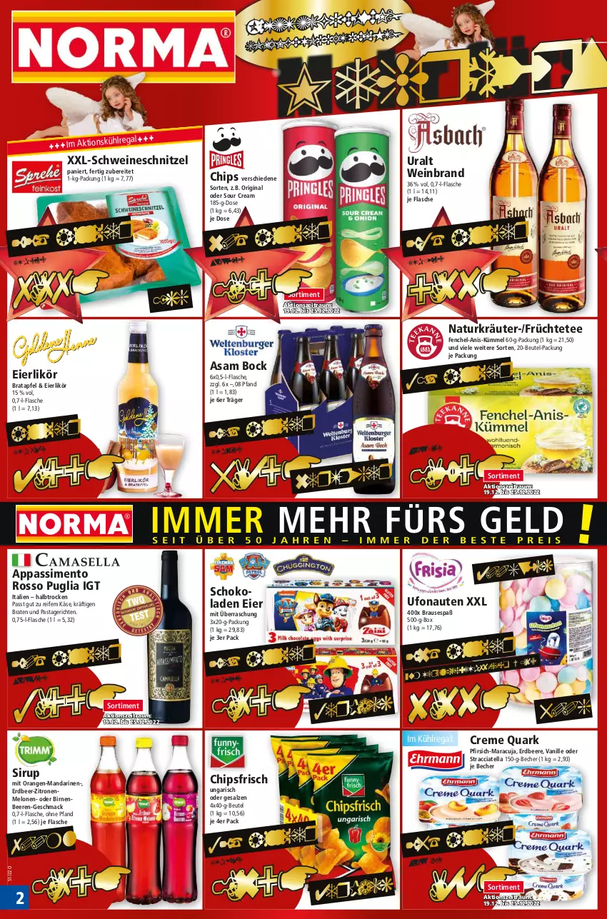 Aktueller Prospekt Norma - Norma - von 19.12 bis 26.12.2022 - strona 2 - produkty: ACC, apfel, Becher, beere, beeren, beutel, Birnen, braten, brause, chips, chipsfrisch, creme, eier, eierlikör, erdbeere, fenchel, flasche, früchte, Früchtetee, gin, Käse, kräuter, kühlregal, likör, mac, mandarine, mandarinen, maracuja, melone, melonen, natur, orange, orangen, pasta, Pastagericht, pfirsich, quark, regal, salz, schnitzel, schoko, schokolade, schokoladen, schwein, schweine, schweineschnitzel, sim, sirup, sour cream, tee, Ti, vanille, wein, weinbrand, weine, zitrone, zitronen