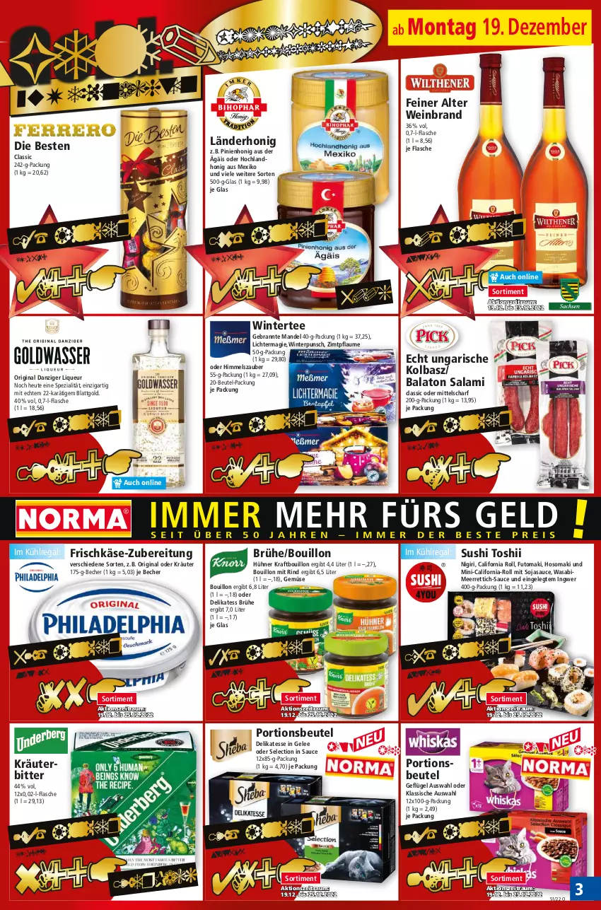 Aktueller Prospekt Norma - Norma - von 19.12 bis 26.12.2022 - strona 3 - produkty: Balaton, Becher, beutel, Brühe, flasche, frischkäse, Geflügel, gelee, gin, Heu, hochland, honig, hühner, ingwer, Käse, kraft, kräuter, kühlregal, liqueur, mandel, meerrettich, oder kräuter, pflaume, portionsbeutel, regal, Rettich, rind, salami, sauce, soja, sojasauce, Spezi, Sushi, tee, Ti, wasa, wein, weinbrand