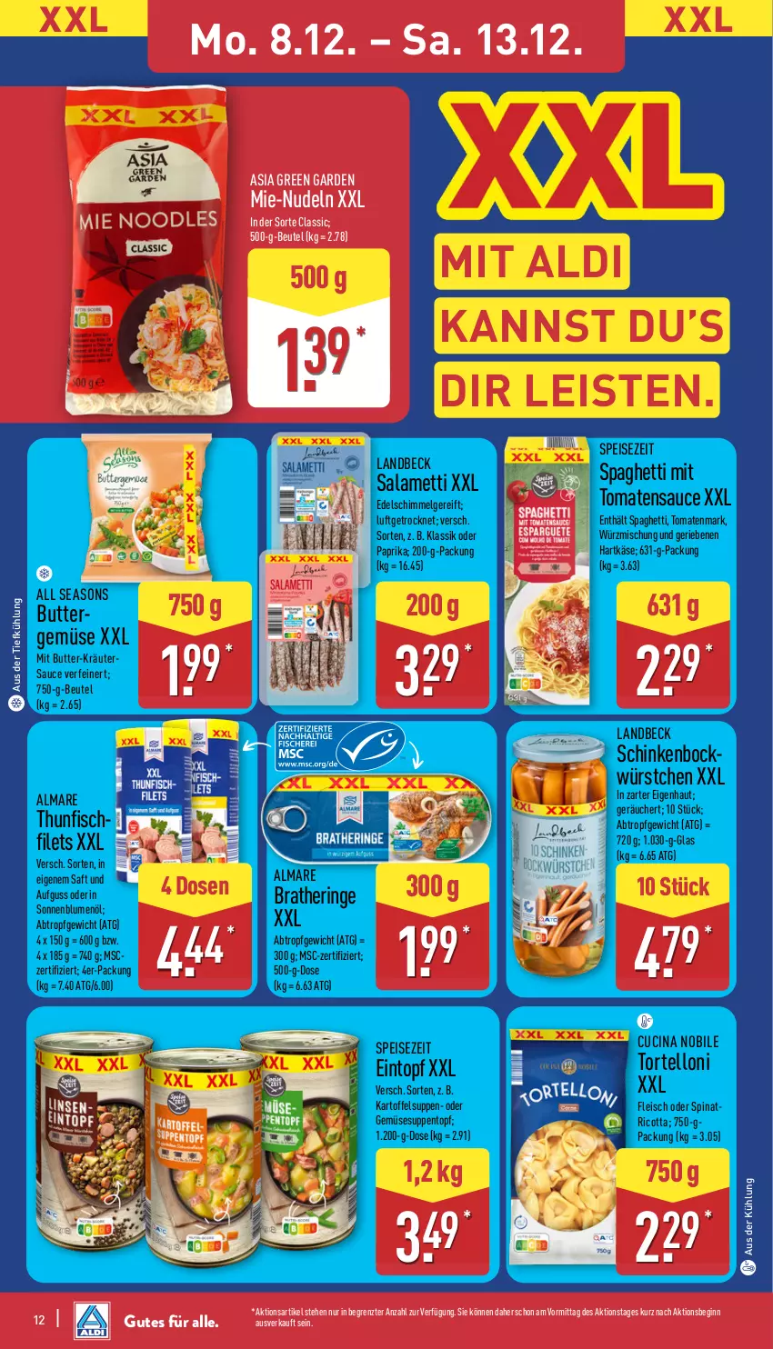 Aktueller Prospekt Aldi Nord - Von Montag - von 08.12 bis 13.12.2025 - strona 12 - produkty: aldi, almare, Asia Green Garden, aus der tiefkühlung, beutel, blume, blumen, blumenöl, Bratheringe, butter, cin, eintopf, eis, filet, filets, fisch, fleisch, gin, hartkäse, hering, kartoffel, Kartoffelsuppe, Käse, kräuter, LG, Mett, nudel, nudeln, paprika, ricotta, ring, saft, sauce, schinken, sonnenblume, sonnenblumen, sonnenblumenöl, spaghetti, spinat, suppe, suppen, thunfisch, Ti, tomate, tomaten, tomatenmark, tomatensauce, topf, torte, tortelloni, würstchen, ZTE