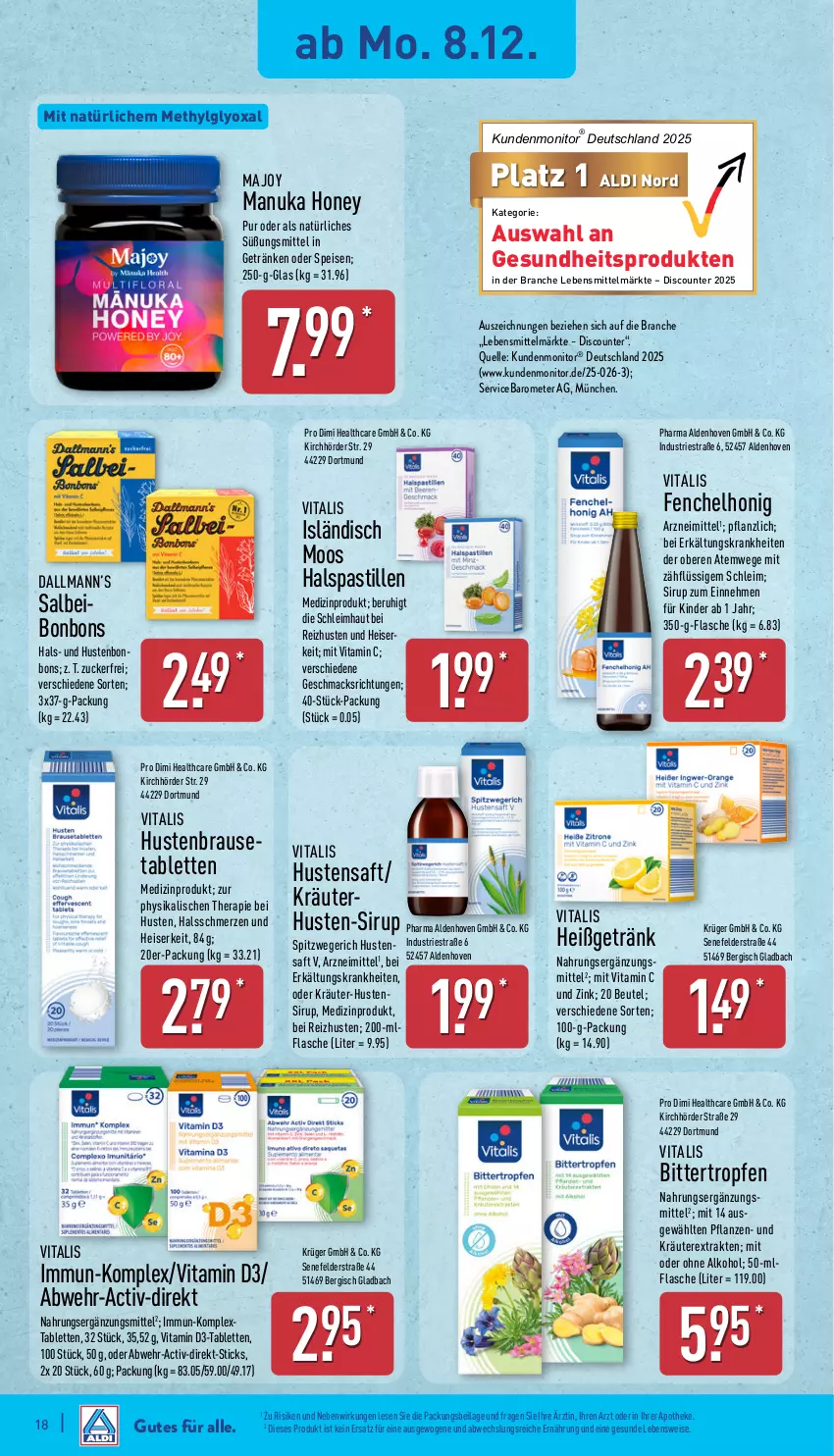 Aktueller Prospekt Aldi Nord - Von Montag - von 08.12 bis 13.12.2025 - strona 18 - produkty: aldi, alkohol, Apotheke, asti, beutel, bonbons, brause, Brausetabletten, discount, eis, elle, Erkältungs, fenchel, flasche, Gesundheit, getränk, getränke, honig, Hustenbonbons, ilag, Kinder, kräuter, krüger, lebensmittel, LG, mac, medizinprodukt, monitor, nuk, oder kräuter, ohne alkohol, pflanze, pflanzen, Rhus, saft, sirup, tablet, tablett, Tablette, Ti, vita, vitalis, Vitamin C, Vitamin D, Yo, zucker