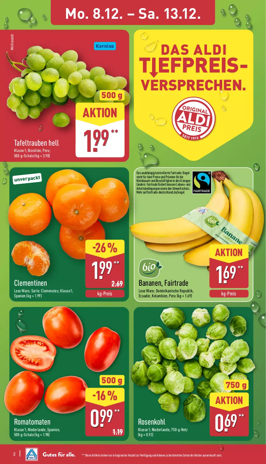 Aktueller Prospekt Aldi Nord - Von Montag - von 08.12 bis 13.12.2025 - strona 2 - produkty: aldi, auer, banane, bananen, Bau, Bauer, clementinen, eis, reis, Romatomaten, rosen, Rosenkohl, Schal, Schale, tafeltrauben, Ti, tomate, tomaten, trauben, trolli, ZTE