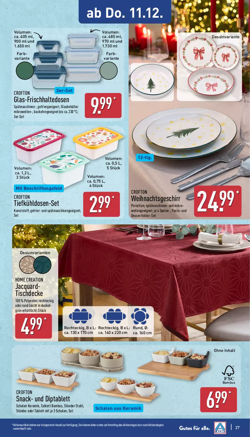 Aktueller Prospekt Aldi Nord - Von Montag - von 08.12 bis 13.12.2025 - strona 27 - produkty: backofen, bambus, Behälter, Crofton, decke, dessert, Dessertteller, dip, eis, elle, Ergee, frischhaltedosen, geschirr, gin, LG, mikrowelle, Ofen, pasta, Ria, Schal, Schale, snack, spülmaschinen, tablet, tablett, teller, Ti, tisch, tischdecke, ZTE