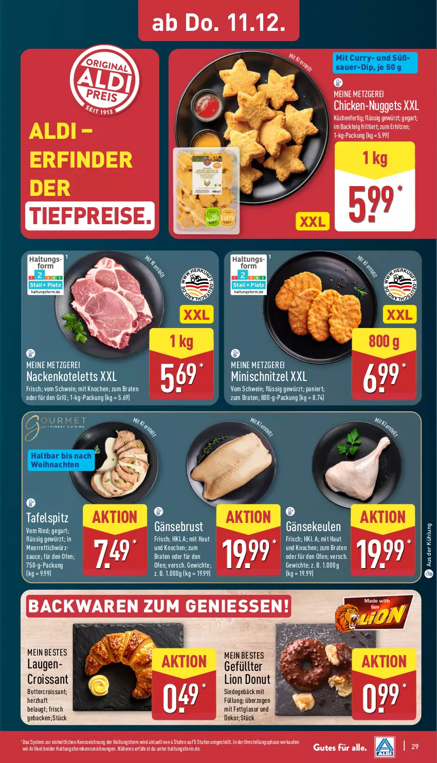 Aktueller Prospekt Aldi Nord - Von Montag - von 08.12 bis 13.12.2025 - strona 29 - produkty: aldi, auer, backwaren, braten, butter, Croissant, curry, dip, Donut, eis, Gänsebrust, Gänsekeulen, geback, gewürz, grill, kotelett, küche, Küchen, Laugencroissant, lion, meerrettich, nackenkoteletts, nuggets, Ofen, reis, Rettich, rind, sauce, schnitzel, schwein, tafelspitz, Ti, tiefpreis, weihnachten, wein, würzsauce