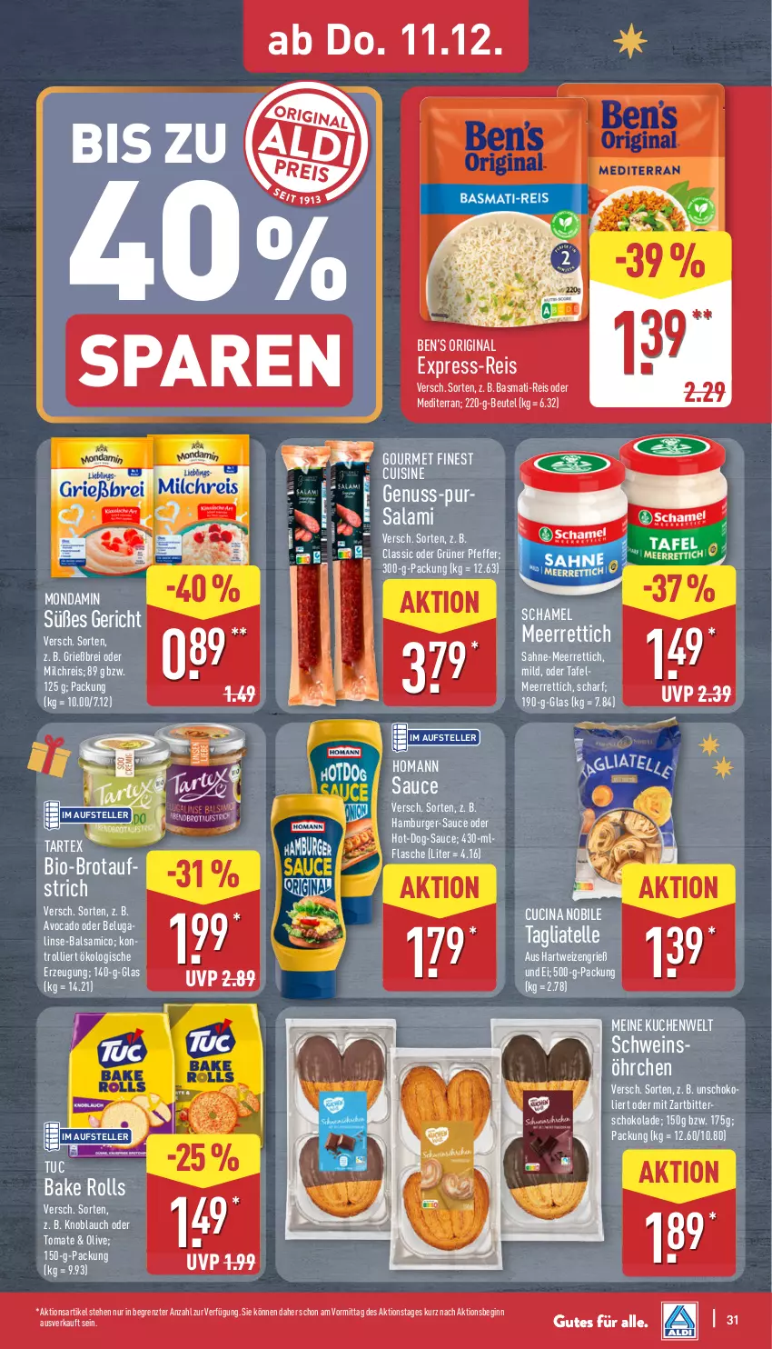 Aktueller Prospekt Aldi Nord - Von Montag - von 08.12 bis 13.12.2025 - strona 31 - produkty: aufstrich, avocado, balsam, balsamico, basmati, basmati-reis, Beluga, Ben’s Original, beutel, bio, Brei, brot, brotaufstrich, burger, cin, eis, elle, express-reis, flasche, gin, hamburger, hartweizen, homann, knoblauch, kuchen, meerrettich, milch, milchreis, mondamin, nuss, olive, pfeffer, reis, Rettich, sahne, salami, sauce, schamel, schoko, schokolade, schwein, tagliatelle, teller, Ti, tomate, trolli, tuc, wein, Zartbitterschokolade, ZTE
