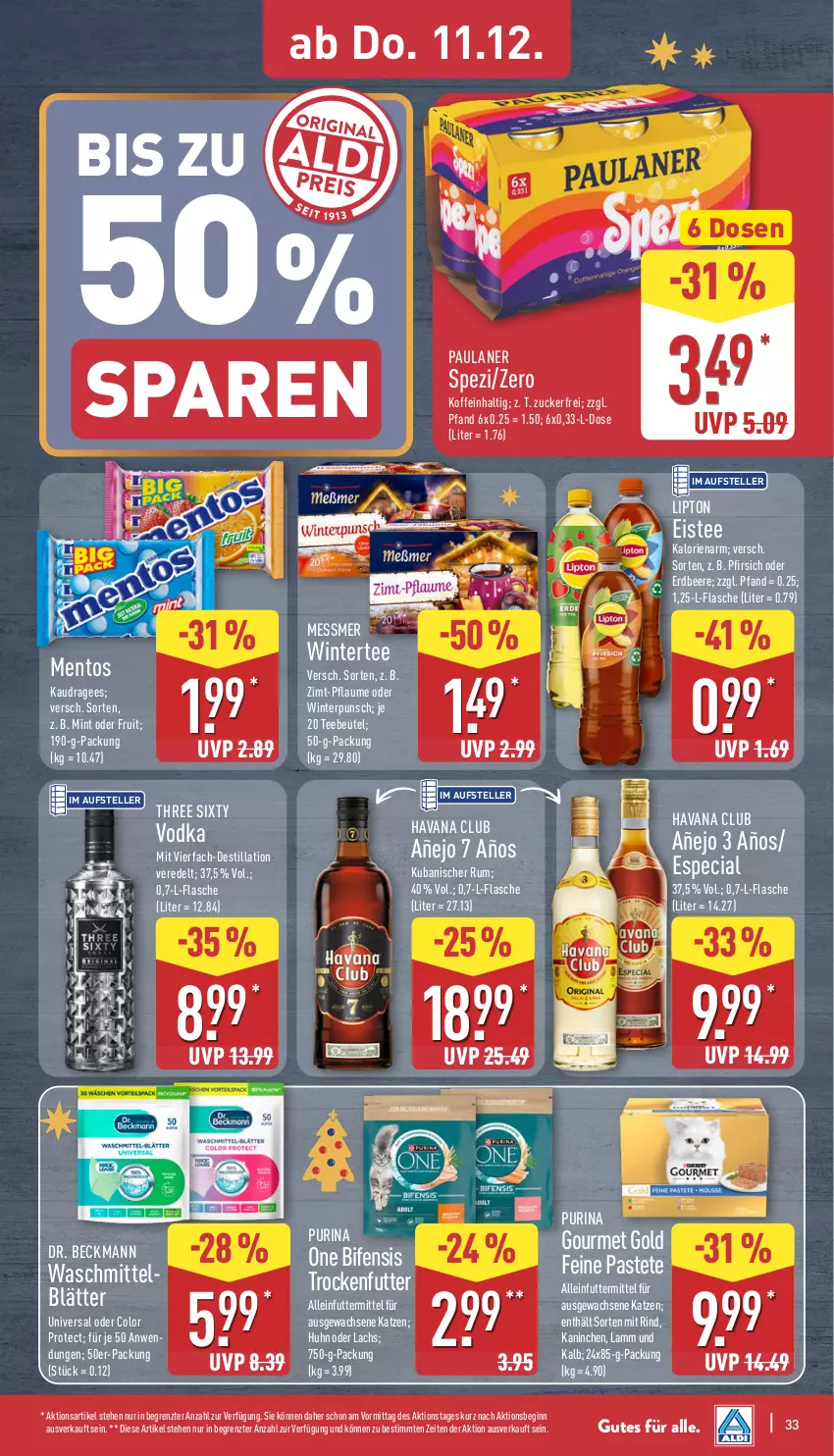 Aktueller Prospekt Aldi Nord - Von Montag - von 08.12 bis 13.12.2025 - strona 33 - produkty: alleinfuttermittel, beere, beutel, Dr. Beckmann, eis, eistee, elle, erdbeere, flasche, gin, gourmet gold, Havana Club, lachs, lamm, lipton, mentos, mint, pastete, Paula, paulaner, pfirsich, pflaume, purina, rind, rum, Spezi, tee, Teebeutel, teller, Three Sixty, Ti, trockenfutter, vodka, waschmittel, ZTE, zucker