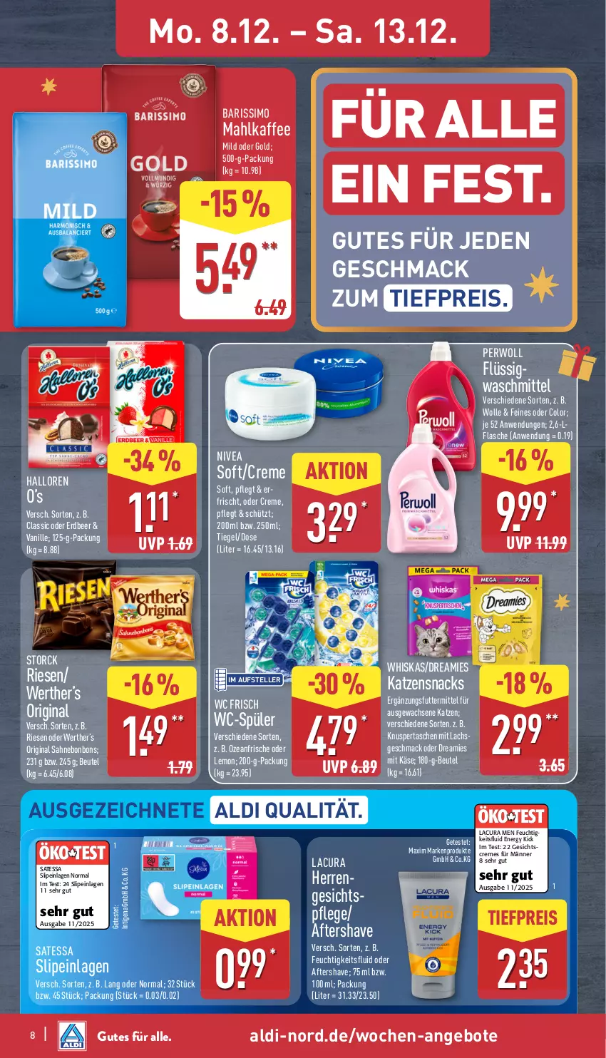 Aktueller Prospekt Aldi Nord - Von Montag - von 08.12 bis 13.12.2025 - strona 8 - produkty: aldi, angebot, angebote, beutel, bonbons, creme, dreamies, eis, elle, flasche, Gesichtscreme, gesichtspflege, gin, kaffee, Käse, katzensnack, katzensnacks, lachs, mac, nivea, perwoll, reis, sahne, sim, slip, slipeinlagen, snack, snacks, storck, Tasche, taschen, teller, Ti, tiefpreis, vanille, waschmittel, wc frisch, whiskas, wolle
