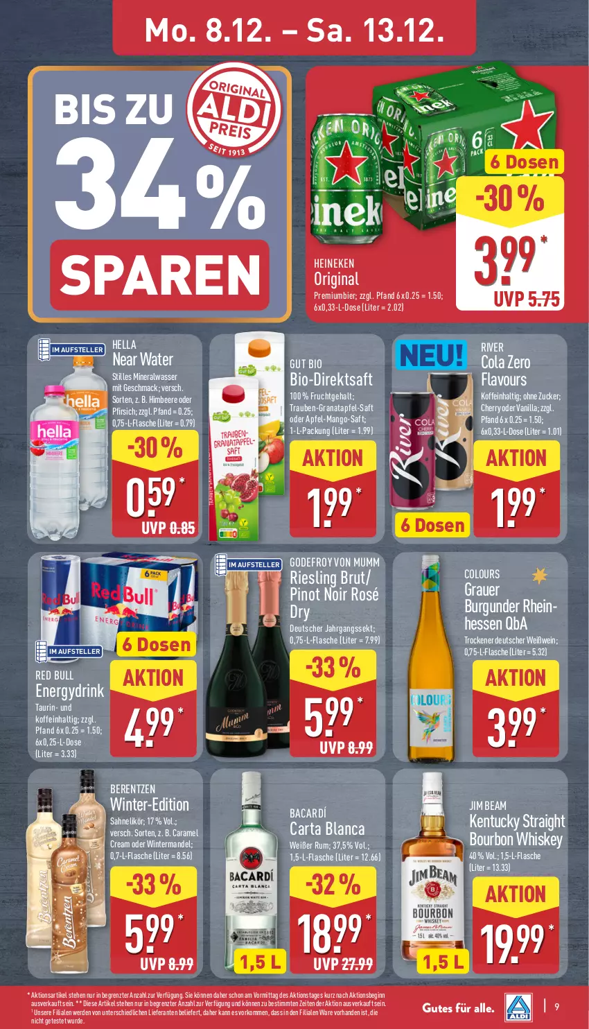 Aktueller Prospekt Aldi Nord - Von Montag - von 08.12 bis 13.12.2025 - strona 9 - produkty: Alwa, apfel, auer, beere, berentzen, bier, bio, bourbon, bourbon whiskey, brut, burgunder, caramel, cola, direktsaft, drink, elle, erde, flasche, frucht, gin, grana, granatapfel, grauer burgunder, heineken, hella, himbeer, himbeere, jahrgangssekt, jim beam, kentucky straight, likör, mac, mandel, mango, mineralwasser, mumm, pfirsich, Pinot, pinot noir, Premiumbier, Rana, red bull, riesling, rum, saft, sahne, sekt, teller, Ti, trauben, tuc, wasser, wein, Weißwein, whiskey, ZTE, zucker
