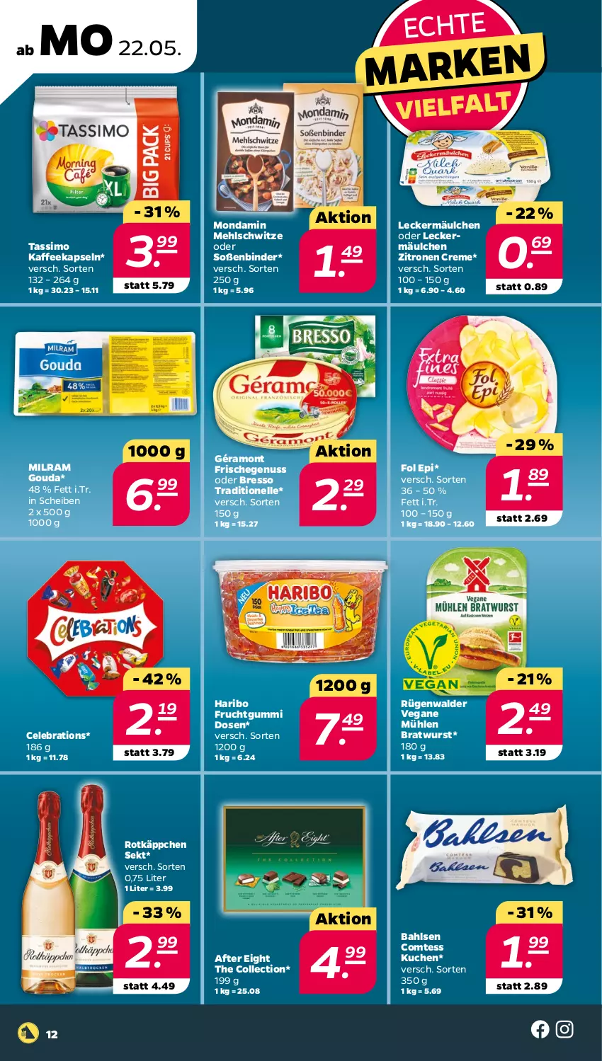 Aktueller Prospekt Netto - Woche 21 - von 22.05 bis 27.05.2023 - strona 12 - produkty: after eight, bahlsen, bratwurst, bresso, comtess, comtess kuchen, creme, elle, fol epi, frucht, fruchtgummi, géramont, gouda, haribo, kaffee, kaffeekapseln, kuchen, leckermäulchen, mehl, milram, mondamin, nuss, rotkäppchen, rügenwalder, sekt, sim, Soße, tassimo, Ti, wurst, zitrone, zitronen