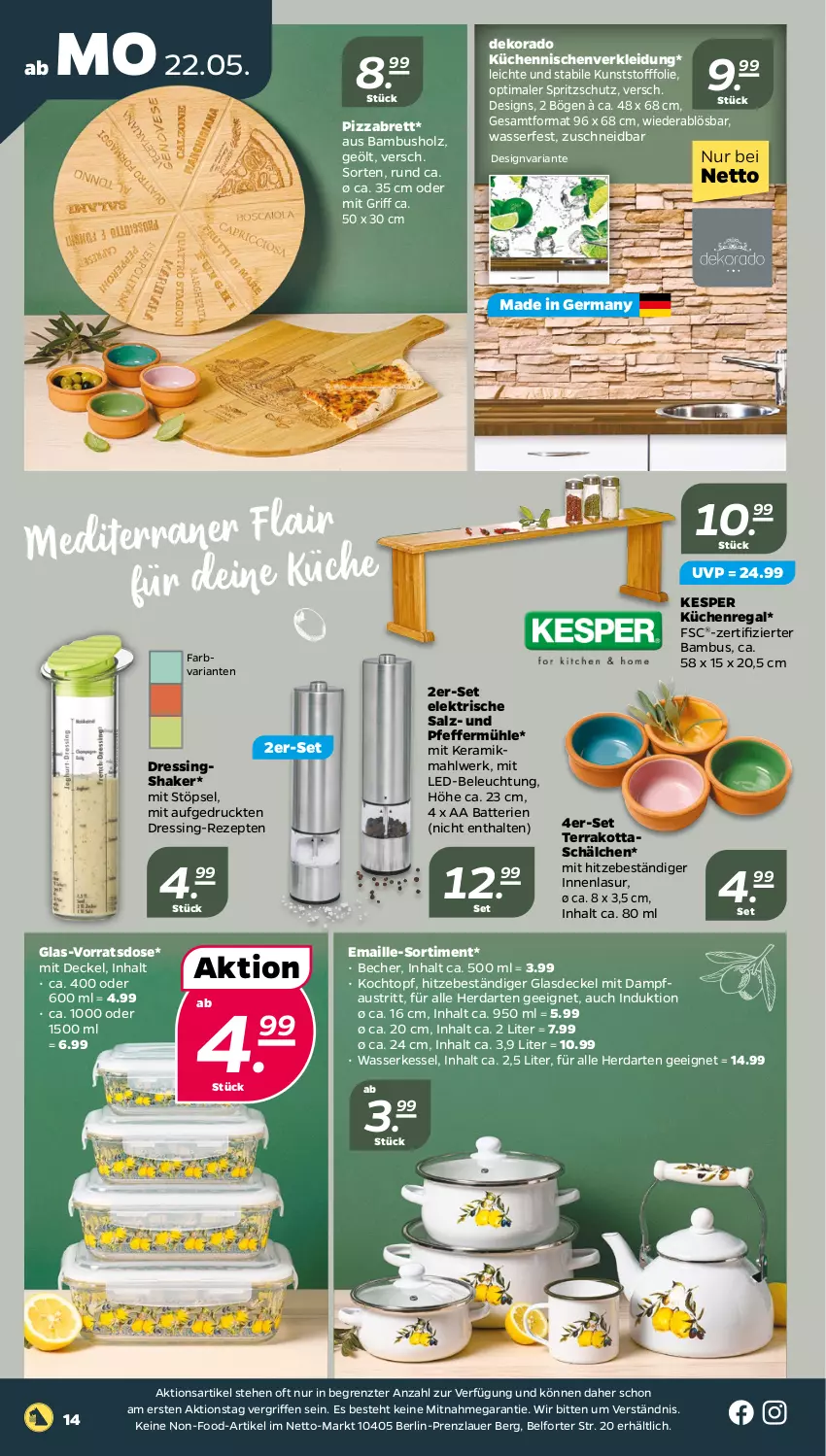 Aktueller Prospekt Netto - Woche 21 - von 22.05 bis 27.05.2023 - strona 14 - produkty: auer, aust, bambus, batterie, batterien, Becher, beleuchtung, decke, Deckel, dressing, Germ, Glasdeckel, herdarten, Holz, kesper, kleid, Kleidung, Kochtopf, küche, Küchen, Küchenregal, led-beleuchtung, maille, mit led-beleuchtung, Pfau, pfeffer, Pfeffermühle, pizza, regal, rezept, rezepte, Ria, salz, shake, Spritzschutz, Ti, topf, wasser, Wasserkessel, ZTE