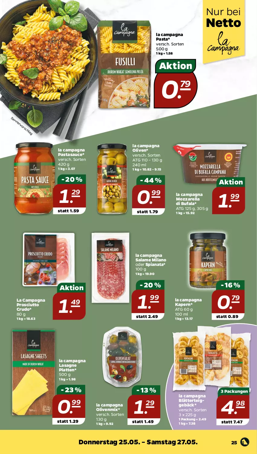 Aktueller Prospekt Netto - Woche 21 - von 22.05 bis 27.05.2023 - strona 25 - produkty: blätterteig, blätterteiggebäck, di bufala, lasagne, latte, mozzarella, olive, oliven, pasta, prosciutto, prosciutto crudo, rel, sauce, Ti