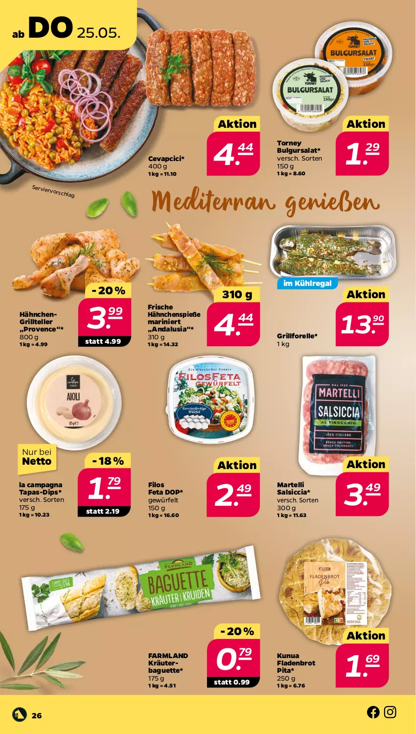 Aktueller Prospekt Netto - Woche 21 - von 22.05 bis 27.05.2023 - strona 26 - produkty: baguette, brot, bulgur, cevapcici, dip, elle, feta, Fladenbrot, forelle, Frische Hähnchen, grill, Grillteller, kräuter, kühlregal, LG, regal, rel, salat, salsiccia, Tapas, teller, Ti, würfel